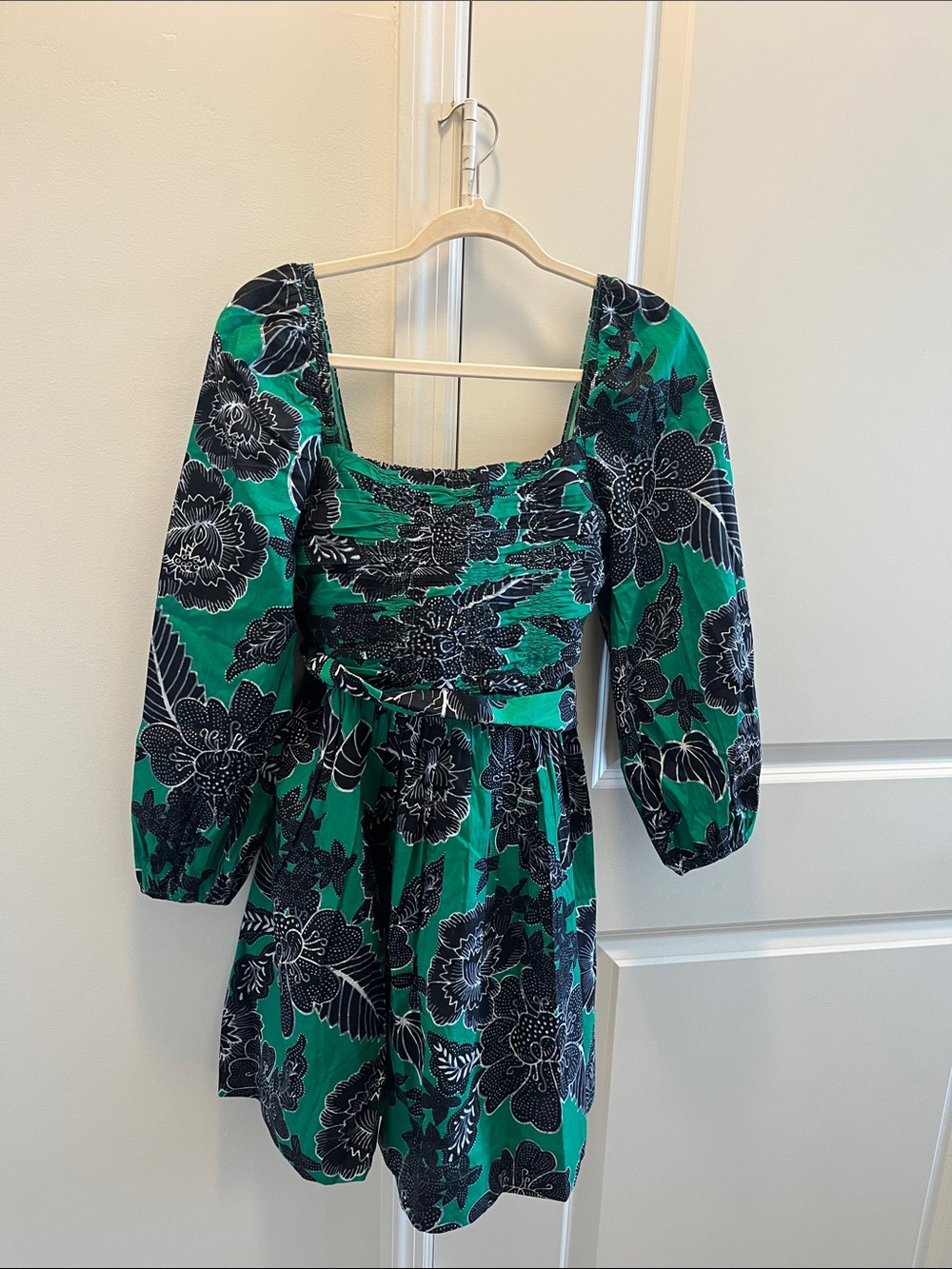 Caroline Constas Green and Black Floral Puff-Sleeve Mini Dress